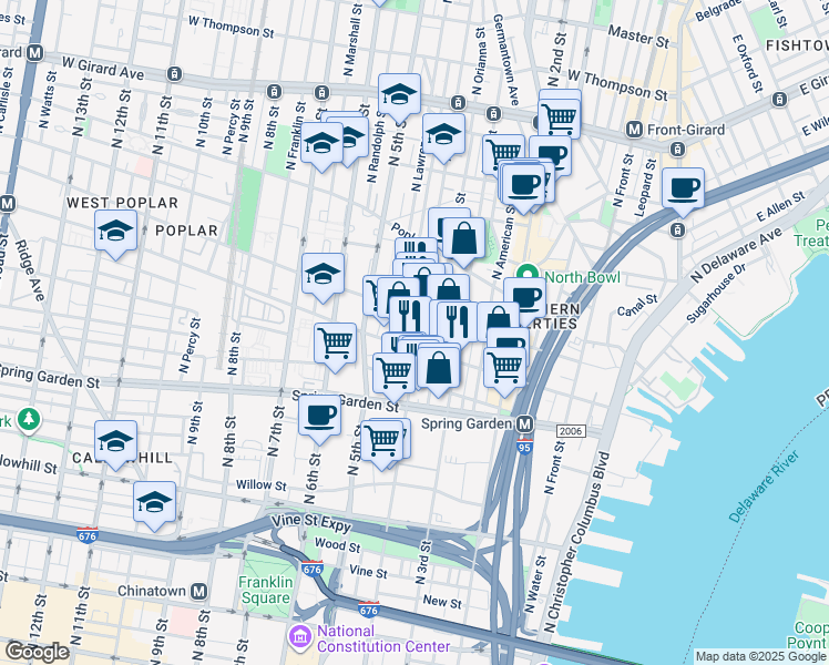 map of restaurants, bars, coffee shops, grocery stores, and more near 714 North 4th Street in Philadelphia
