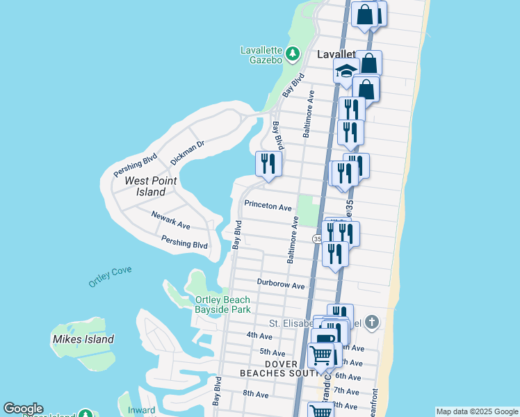 map of restaurants, bars, coffee shops, grocery stores, and more near 140 Princeton Avenue in Lavallette