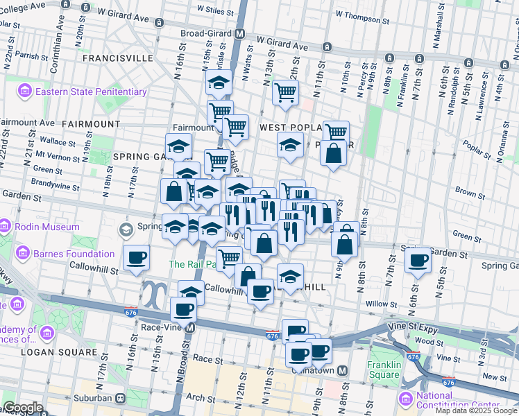 map of restaurants, bars, coffee shops, grocery stores, and more near 1221 Green Street in Philadelphia