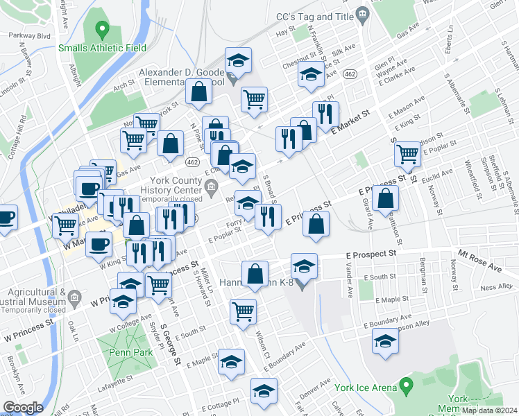 map of restaurants, bars, coffee shops, grocery stores, and more near 350 East King Street in York