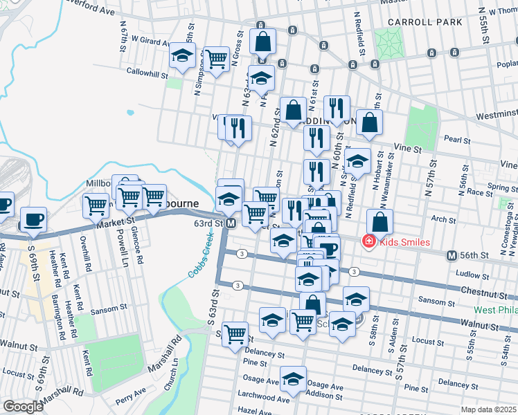 map of restaurants, bars, coffee shops, grocery stores, and more near 30 N 62nd St in Philadelphia