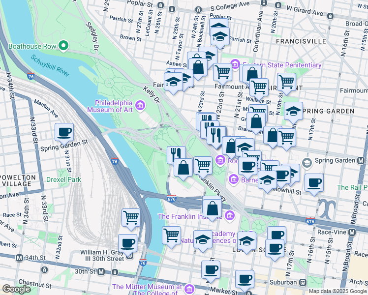 map of restaurants, bars, coffee shops, grocery stores, and more near 2201 Benjamin Franklin Parkway in Philadelphia