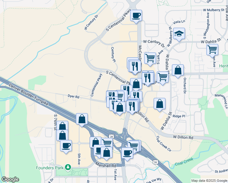 map of restaurants, bars, coffee shops, grocery stores, and more near 1171 West Dillon Road in Louisville