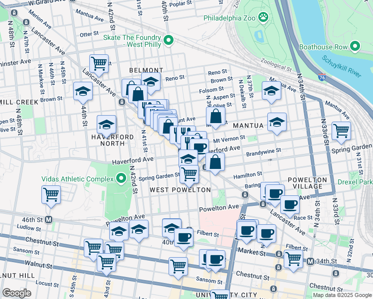 map of restaurants, bars, coffee shops, grocery stores, and more near 3965 Lancaster Avenue in Philadelphia