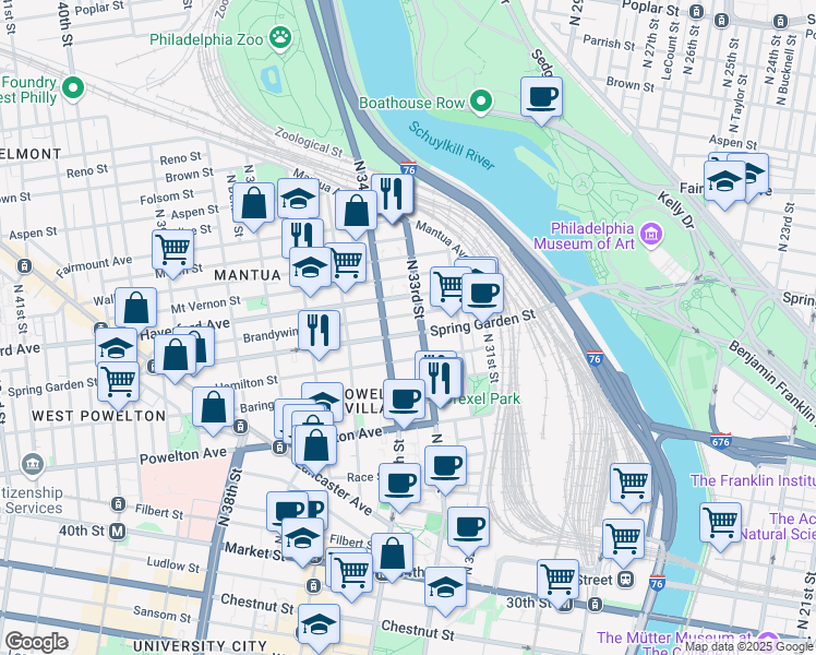 map of restaurants, bars, coffee shops, grocery stores, and more near 3315 Spring Garden Street in Philadelphia