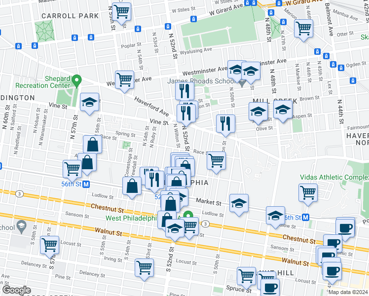 map of restaurants, bars, coffee shops, grocery stores, and more near 200 North 52nd Street in Philadelphia