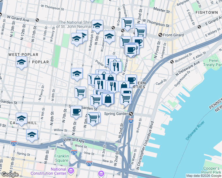 map of restaurants, bars, coffee shops, grocery stores, and more near 335 Fairmount Avenue in Philadelphia