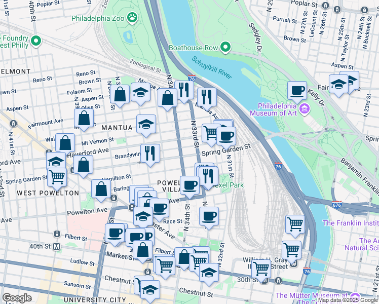 map of restaurants, bars, coffee shops, grocery stores, and more near 3321 Spring Garden Street in Philadelphia