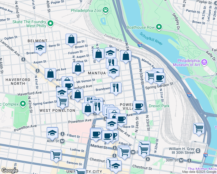 map of restaurants, bars, coffee shops, grocery stores, and more near 3615 Brandywine Street in Philadelphia