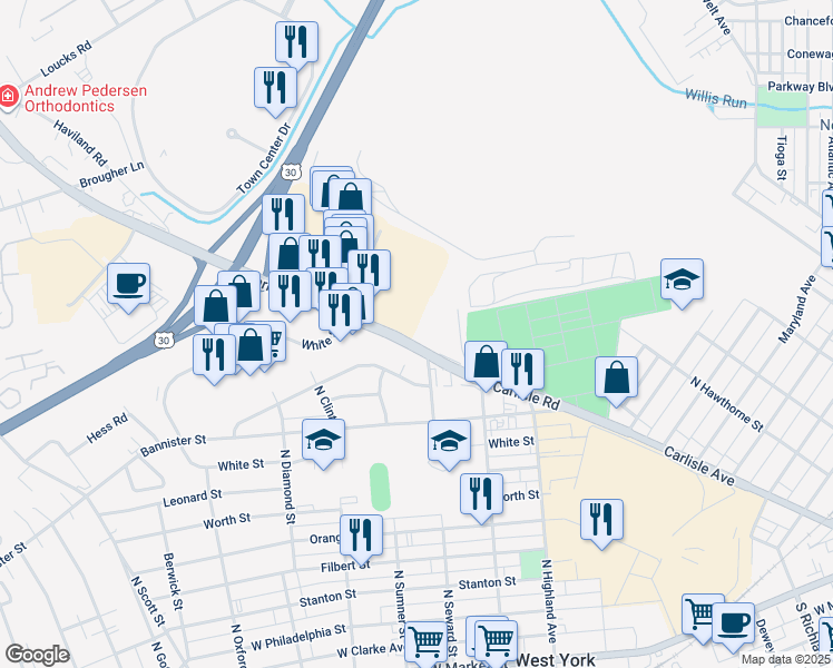 map of restaurants, bars, coffee shops, grocery stores, and more near 1015 Carlisle Road in York
