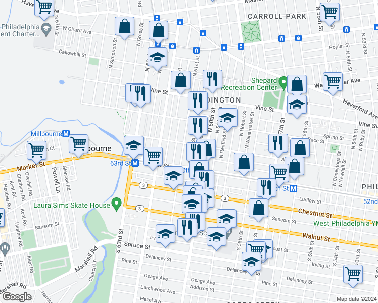 map of restaurants, bars, coffee shops, grocery stores, and more near 48 North Millick Street in Philadelphia
