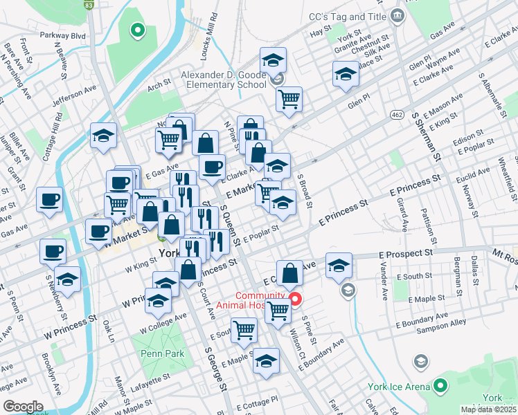 map of restaurants, bars, coffee shops, grocery stores, and more near 54 South Pine Street in York