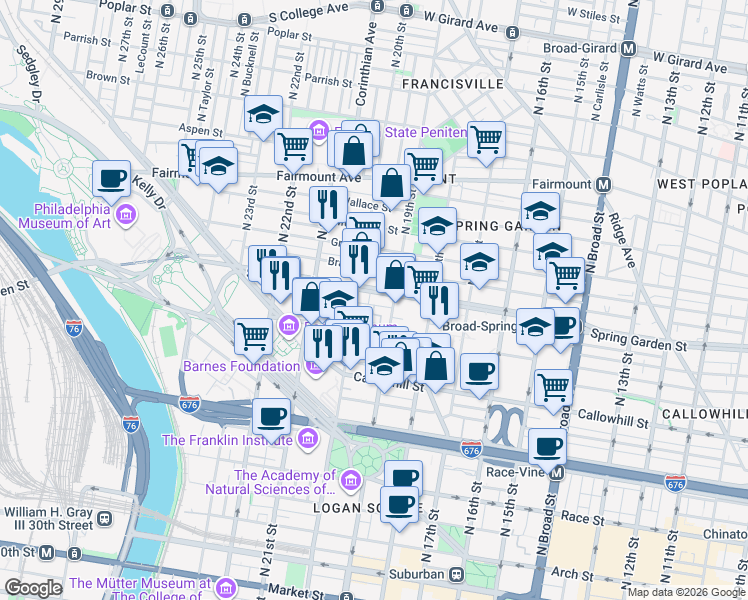 map of restaurants, bars, coffee shops, grocery stores, and more near in Philadelphia