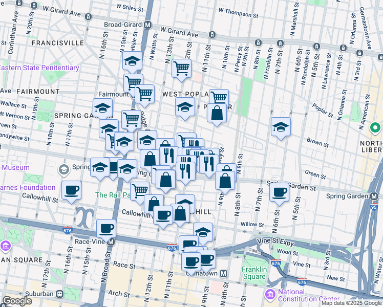 map of restaurants, bars, coffee shops, grocery stores, and more near 617 North 11th Street in Philadelphia
