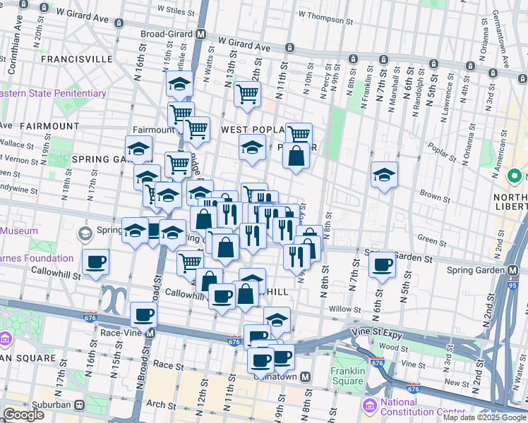 map of restaurants, bars, coffee shops, grocery stores, and more near 602 North 11th Street in Philadelphia