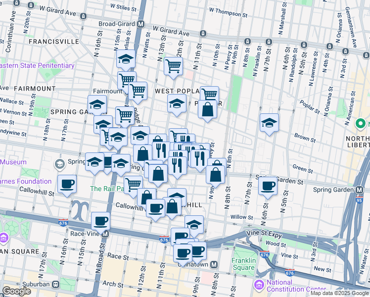 map of restaurants, bars, coffee shops, grocery stores, and more near 617 North 11th Street in Philadelphia