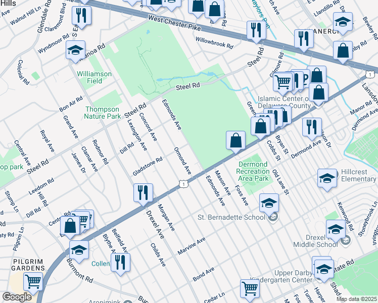 map of restaurants, bars, coffee shops, grocery stores, and more near 26 Edmonds Avenue in Havertown