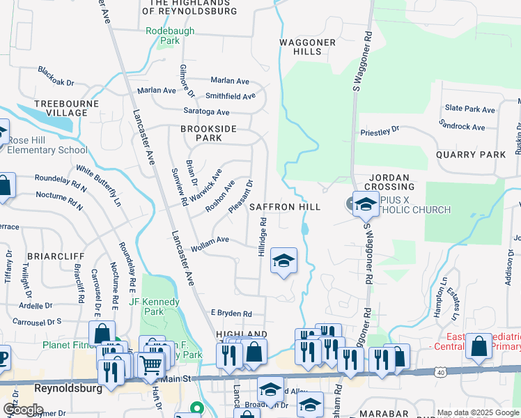 map of restaurants, bars, coffee shops, grocery stores, and more near 7469 Northfield Court in Reynoldsburg