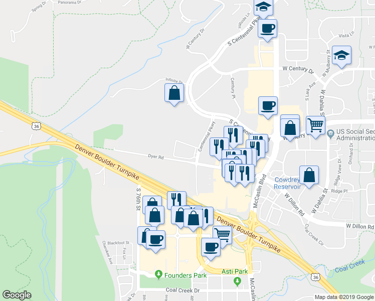 map of restaurants, bars, coffee shops, grocery stores, and more near 361 Centennial Parkway in Louisville