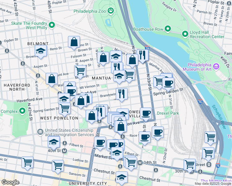 map of restaurants, bars, coffee shops, grocery stores, and more near 3605 Brandywine Street in Philadelphia