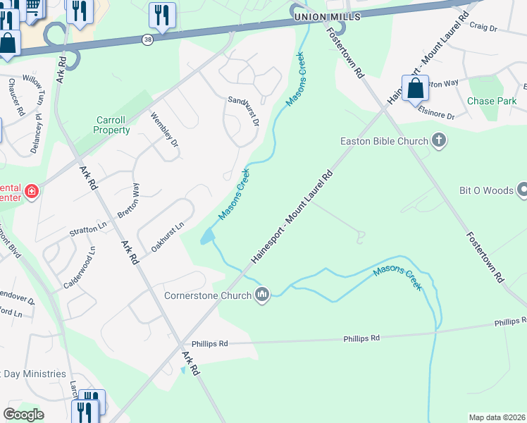 map of restaurants, bars, coffee shops, grocery stores, and more near 1120 Mount Laurel Road in Hainesport