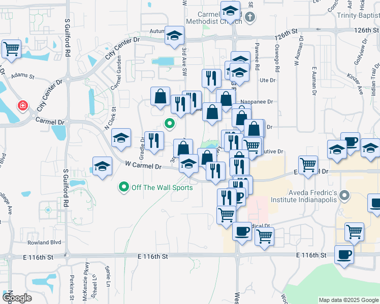 map of restaurants, bars, coffee shops, grocery stores, and more near 160 West Carmel Drive in Carmel