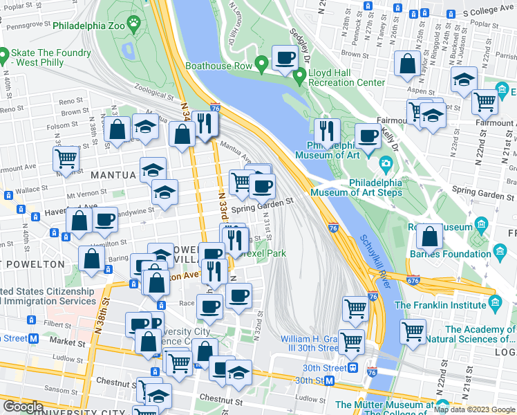 map of restaurants, bars, coffee shops, grocery stores, and more near 3116 Spring Garden Street in Philadelphia