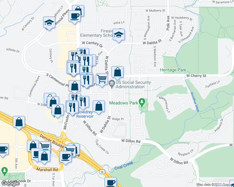 map of restaurants, bars, coffee shops, grocery stores, and more near 509 Ridgeview Drive in Louisville