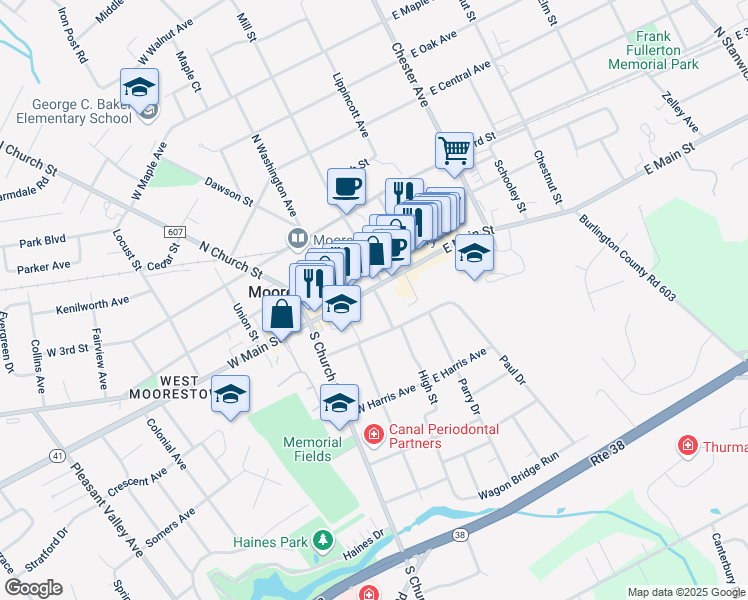 map of restaurants, bars, coffee shops, grocery stores, and more near in Moorestown