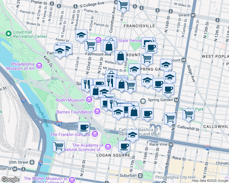 map of restaurants, bars, coffee shops, grocery stores, and more near 1918 Spring Garden Street in Philadelphia