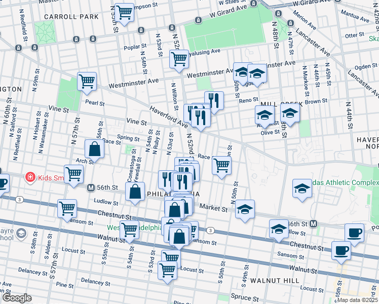 map of restaurants, bars, coffee shops, grocery stores, and more near 200 North 52nd Street in Philadelphia