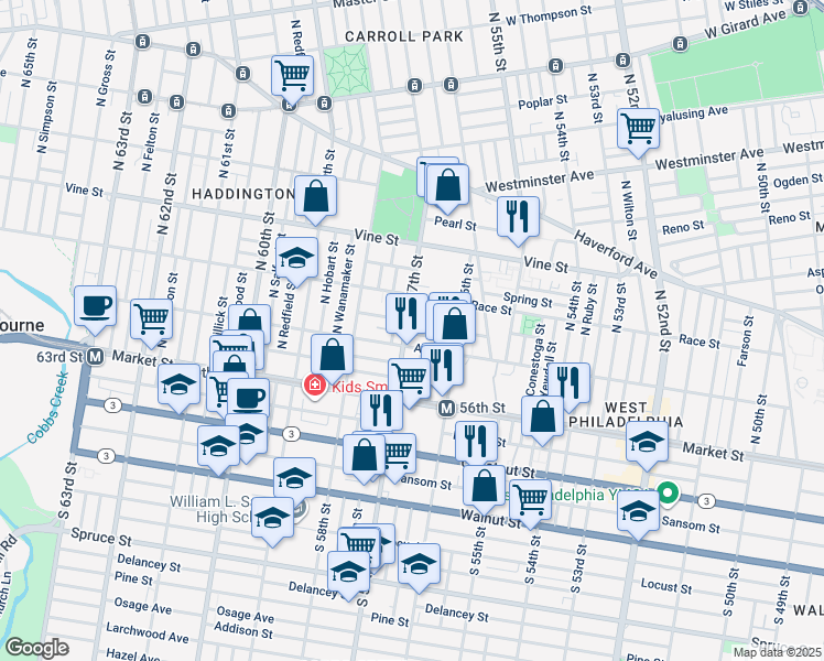 map of restaurants, bars, coffee shops, grocery stores, and more near 117 North 57th Street in Philadelphia