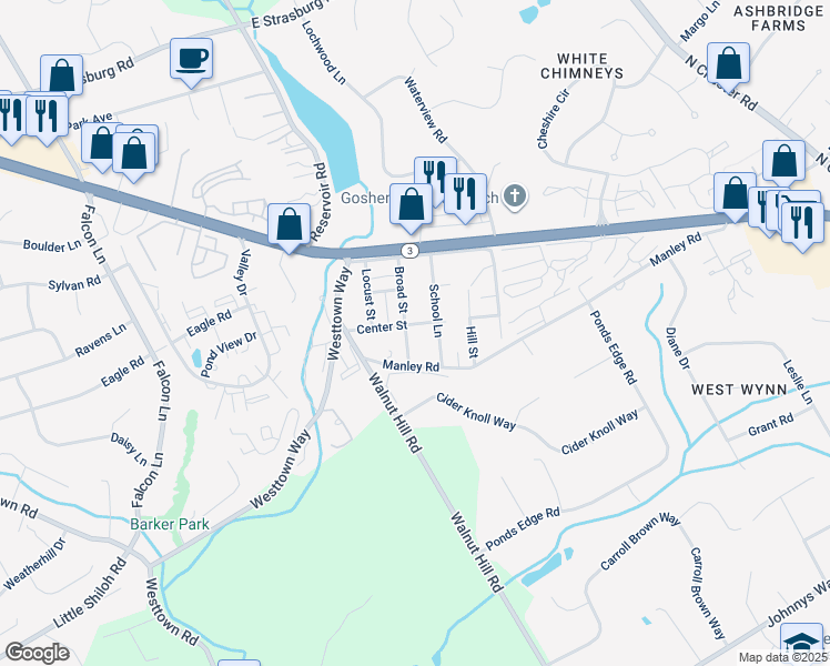 map of restaurants, bars, coffee shops, grocery stores, and more near 1416 Center Street in West Chester