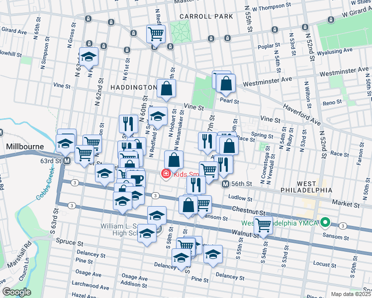 map of restaurants, bars, coffee shops, grocery stores, and more near 105 North 58th Street in Philadelphia
