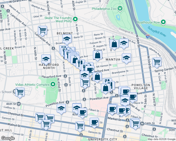 map of restaurants, bars, coffee shops, grocery stores, and more near 606 North Union Street in Philadelphia
