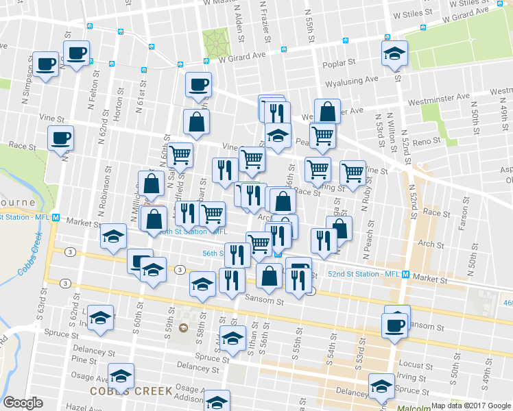 map of restaurants, bars, coffee shops, grocery stores, and more near 117 North 57th Street in Philadelphia