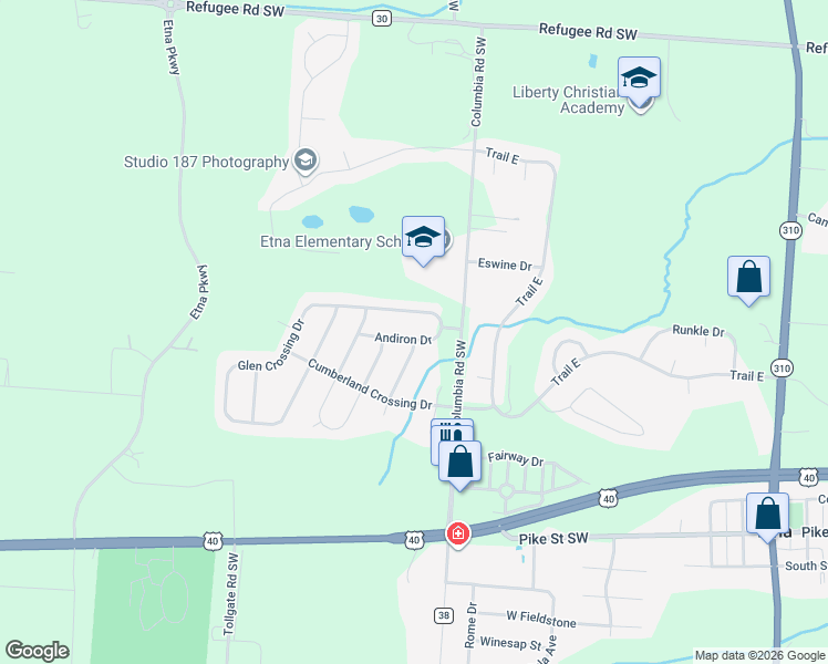 map of restaurants, bars, coffee shops, grocery stores, and more near 112 Andiron Drive in Pataskala