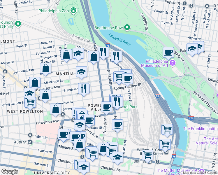 map of restaurants, bars, coffee shops, grocery stores, and more near 3307 Spring Garden Street in Philadelphia