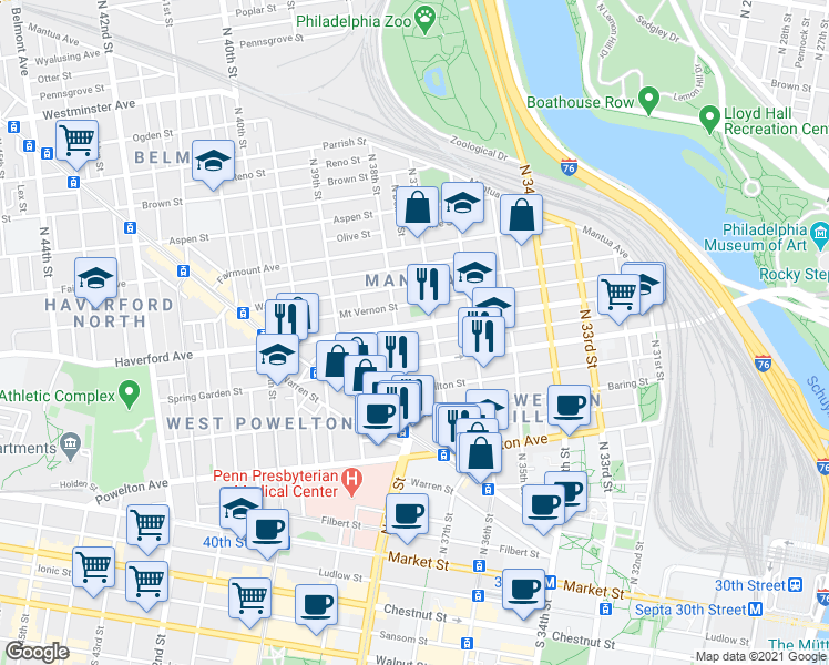 map of restaurants, bars, coffee shops, grocery stores, and more near 3720 Haverford Avenue in Philadelphia