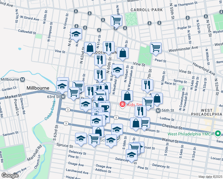 map of restaurants, bars, coffee shops, grocery stores, and more near 5932 Arch Street in Philadelphia