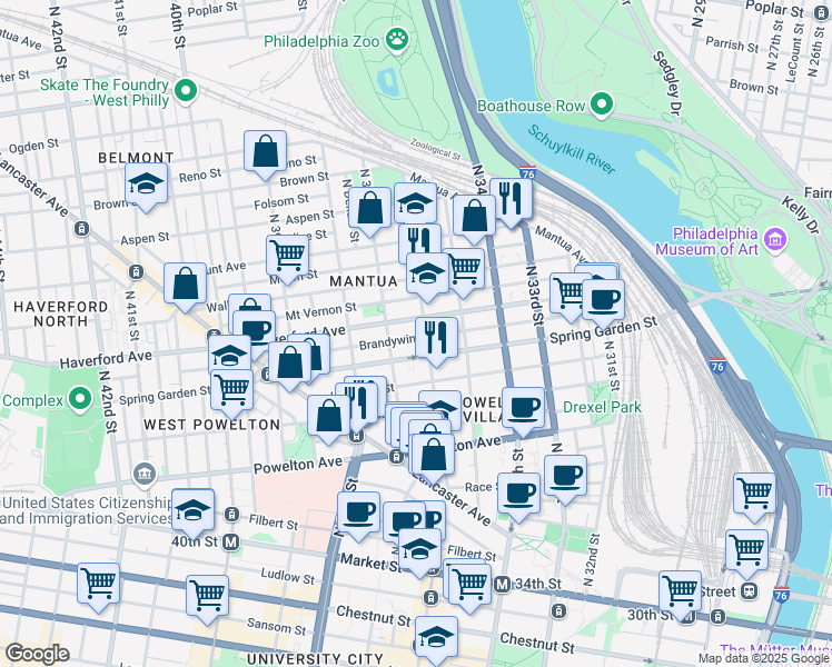 map of restaurants, bars, coffee shops, grocery stores, and more near 3605 Brandywine Street in Philadelphia