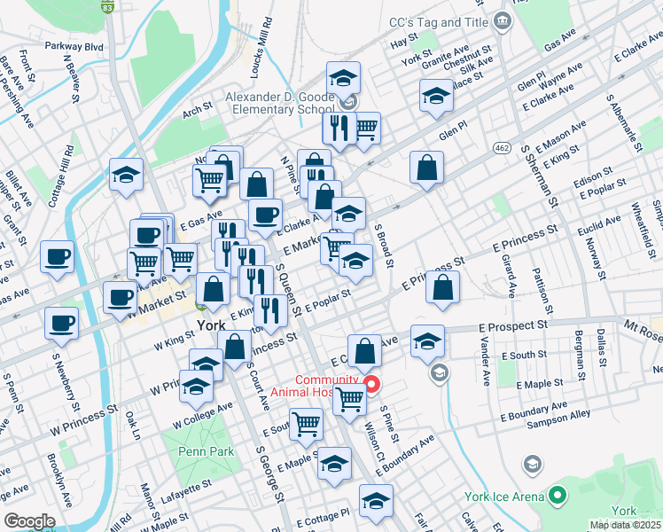 map of restaurants, bars, coffee shops, grocery stores, and more near 61 South Pine Street in York