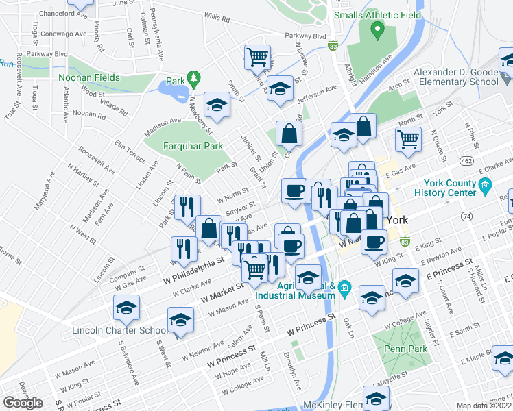 map of restaurants, bars, coffee shops, grocery stores, and more near 304 Smyser Street in York