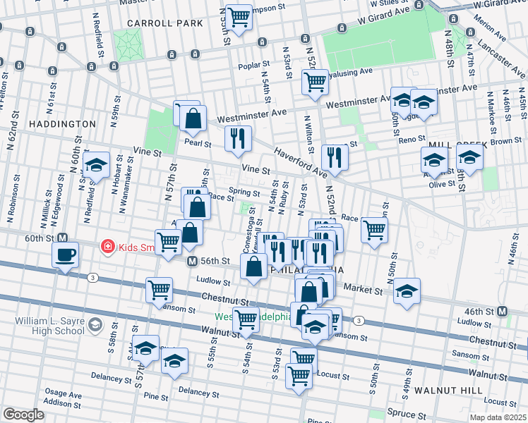 map of restaurants, bars, coffee shops, grocery stores, and more near 155 North Yewdall Street in Philadelphia
