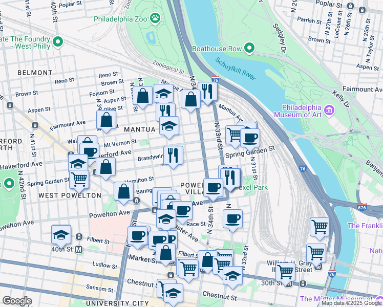 map of restaurants, bars, coffee shops, grocery stores, and more near 3409 Spring Garden Street in Philadelphia