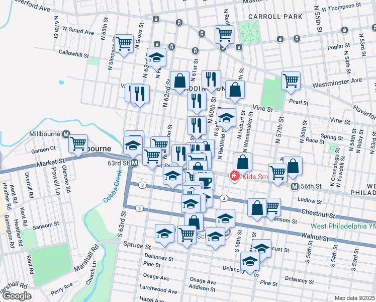 map of restaurants, bars, coffee shops, grocery stores, and more near 50 North Millick Street in Philadelphia