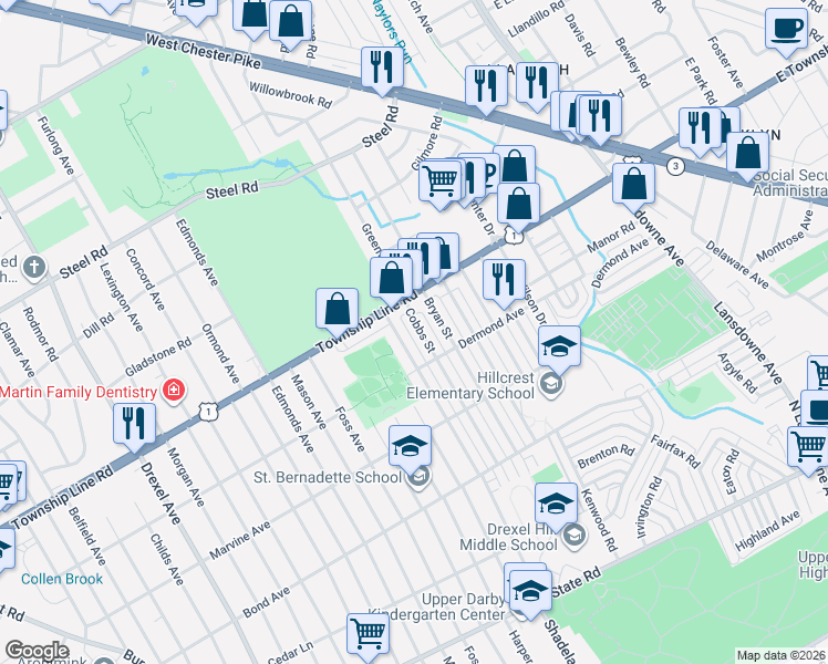 map of restaurants, bars, coffee shops, grocery stores, and more near 1212 Cobbs Street in Drexel Hill