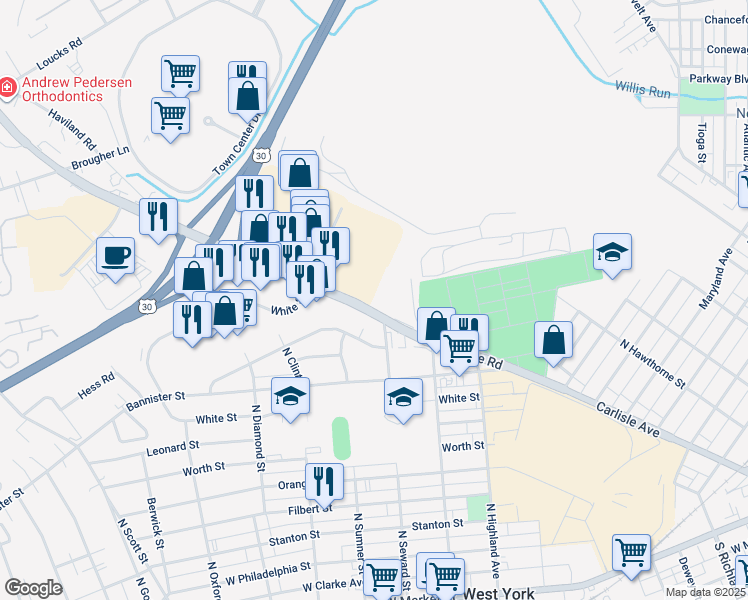 map of restaurants, bars, coffee shops, grocery stores, and more near 1015 Carlisle Road in York