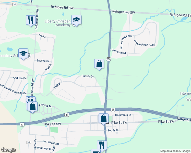 map of restaurants, bars, coffee shops, grocery stores, and more near 53 Runkle Drive in Pataskala