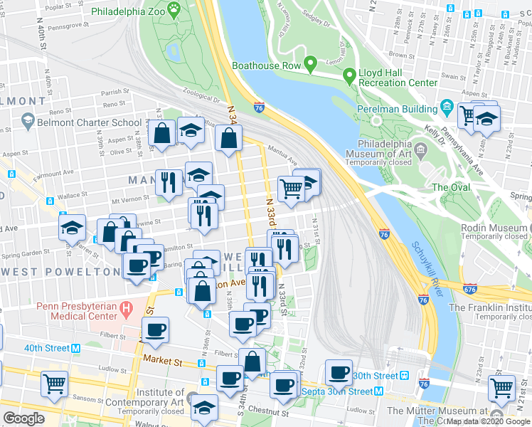map of restaurants, bars, coffee shops, grocery stores, and more near 3307 Spring Garden Street in Philadelphia